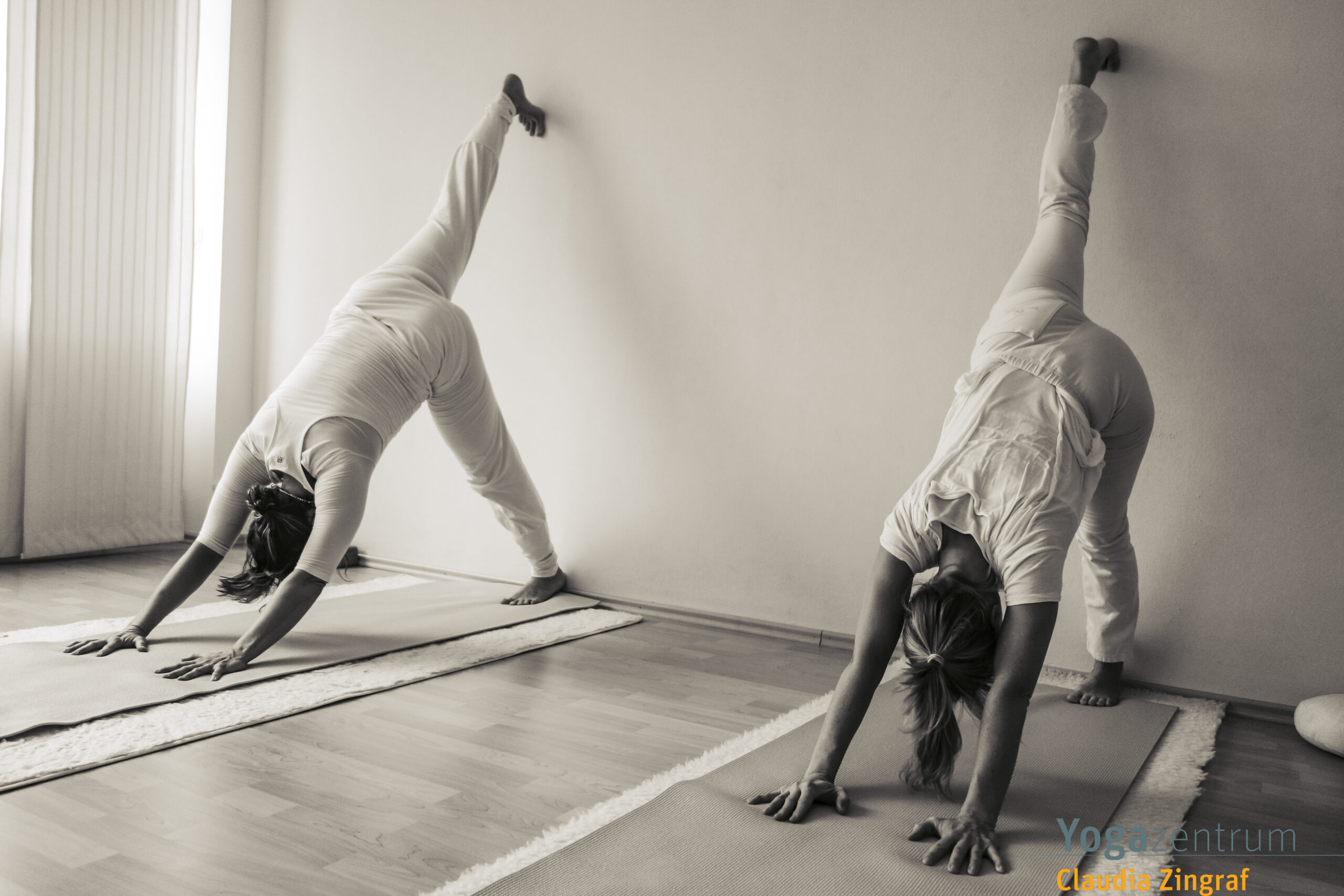 Zwei Frauen in der Yoga-Haltung „herabschauender Hund mit angehobenem Bein“ während des Hatha-Yoga-Unterrichts bei Claudia Zingraf in Saarbrücken.